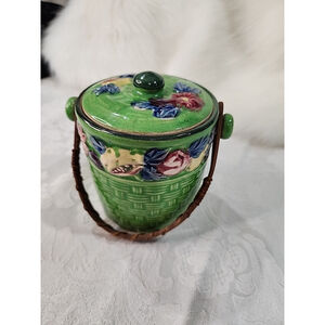 Antique Japanese Majolica Lidded Jar Swing Handle Made in Japan